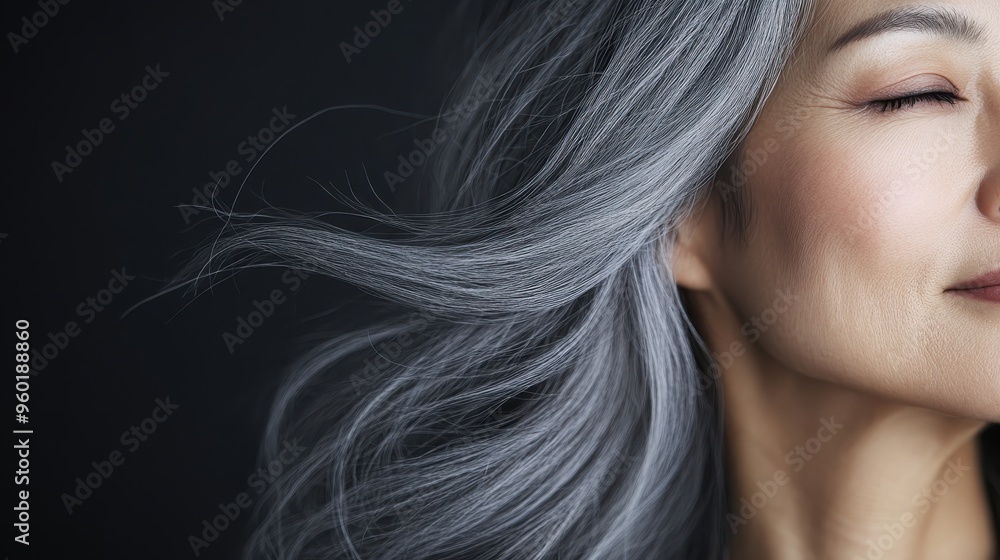 Elegantly flowing gray hair is captured against a stark black backdrop, symbolizing aging gracefully, timeless beauty, and sophistication, with a focus on hair aesthetics. Elegantly flowing gray hair is captured against a stark black backdrop, symbolizing aging gracefully, timeless beauty, and sophistication, with a focus on hair aesthetics.