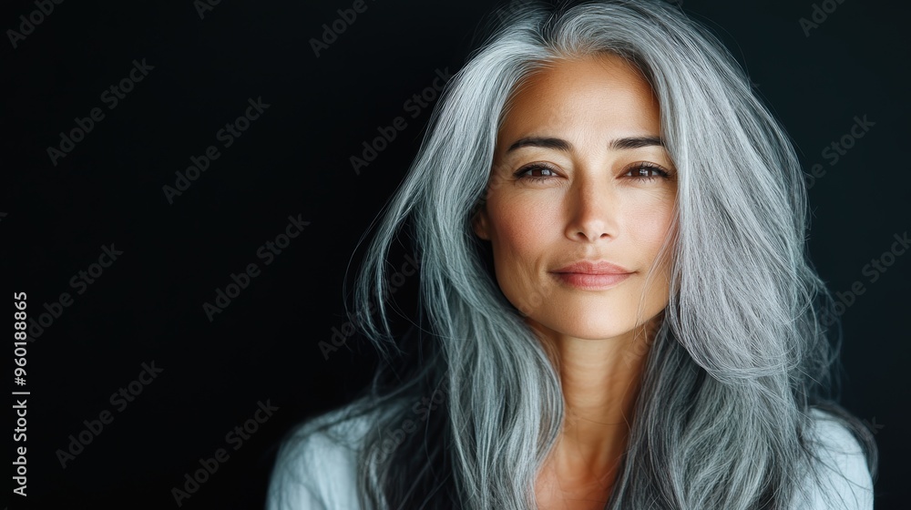 A graceful woman with flowing grey hair is captured in a portrait against a dark background, highlighting her beauty and poise, exemplifying the embrace of natural aging. A graceful woman with flowing grey hair is captured in a portrait against a dark background, highlighting her beauty and poise, exemplifying the embrace of natural aging.