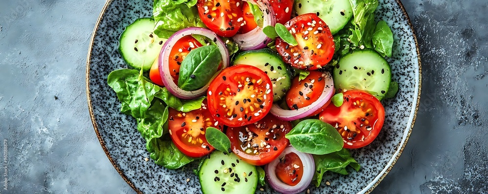 Photo Fresh Cucumber Tomato Salad with Red Onion and Black Sesame Seeds Photo Fresh Cucumber Tomato Salad with Red Onion and Black Sesame Seeds