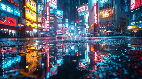 3D Rendering of billboards and advertisement signs at modern buildings in capital city with light reflection from puddles on street. Concept for night life, never sleep business district center