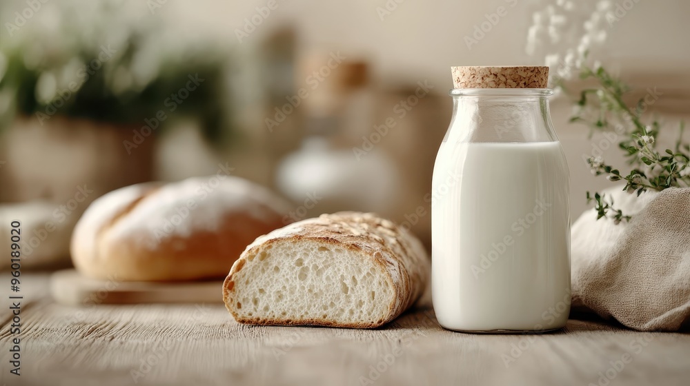 A bottle of fresh milk and a loaf of rustic bread on a wooden table, providing a homely and nostalgic vibe. The background is softly blurred, highlighting these staple foods. A bottle of fresh milk and a loaf of rustic bread on a wooden table, providing a homely and nostalgic vibe. The background is softly blurred, highlighting these staple foods.