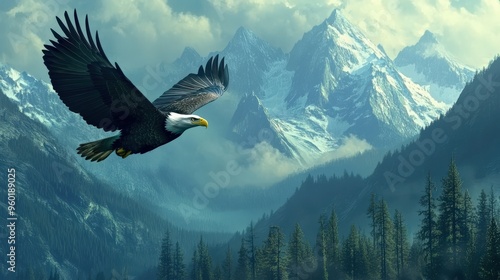 A majestic bald eagle soaring over a protected forest in North America, symbolizing wildlife conservation and national pride photo