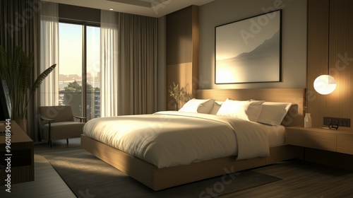 Modern Bedroom Interior Design with Wooden Bed Soft Pillows and City View