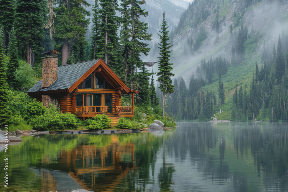 Naklejka premium Lakeside cabins nestled among towering pines. The image is reflected in the calm waters.