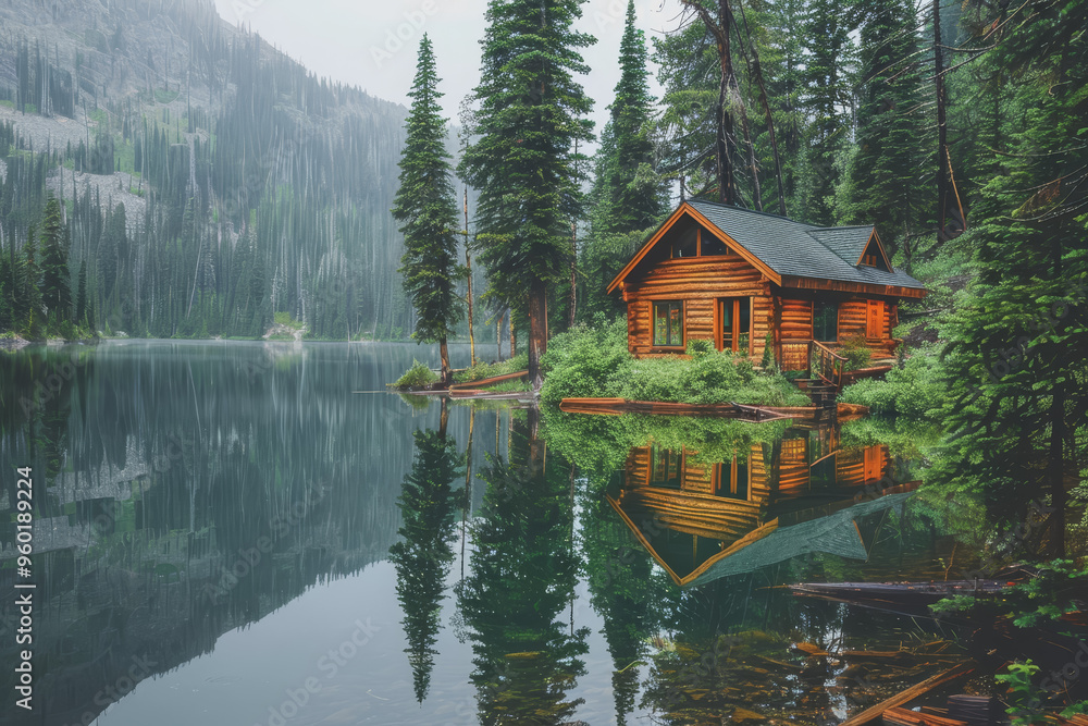 Obraz premium Lakeside cabins nestled among towering pines. The image is reflected in the calm waters.