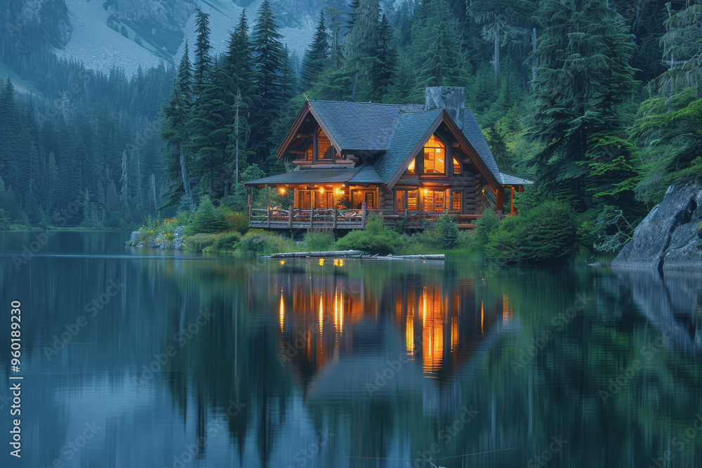 Fototapeta premium Lakeside cabins nestled among towering pines. The image is reflected in the calm waters.