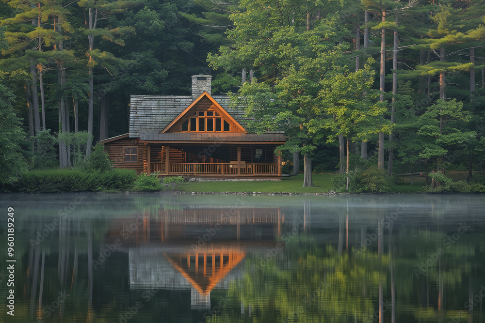 Obraz premium Lakeside cabins nestled among towering pines. The image is reflected in the calm waters.