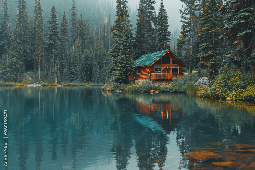 Fototapeta premium Lakeside cabins nestled among towering pines. The image is reflected in the calm waters.