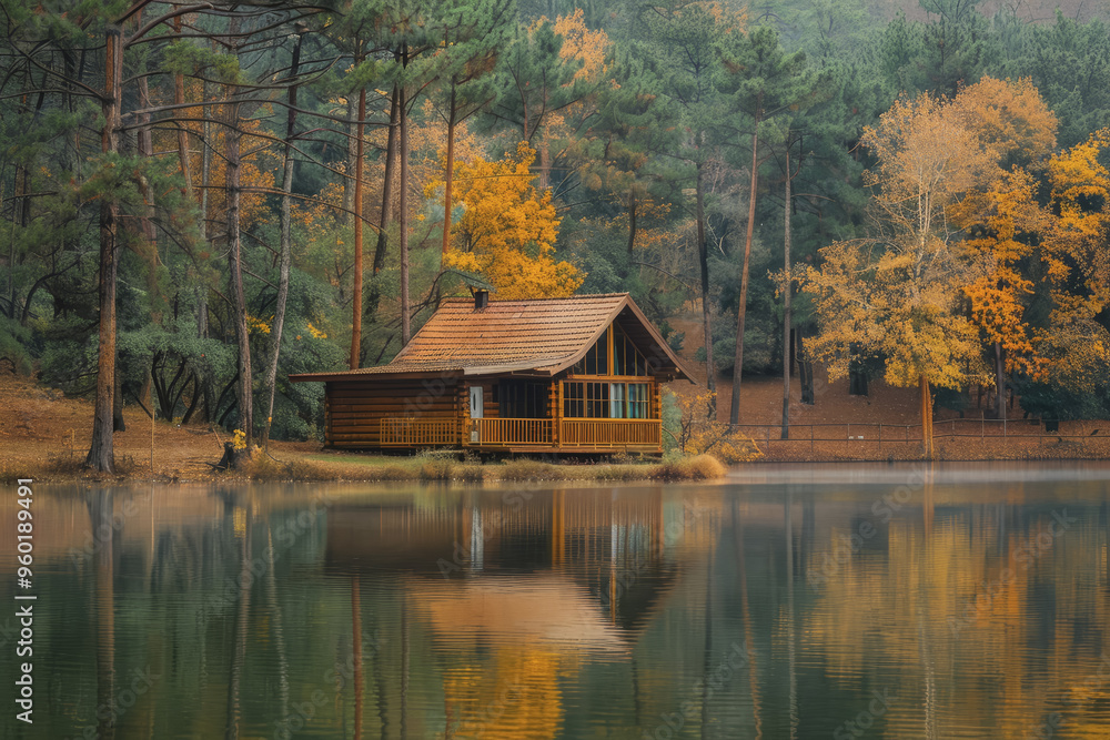 Fototapeta premium Lakeside cabins nestled among towering pines. The image is reflected in the calm waters.