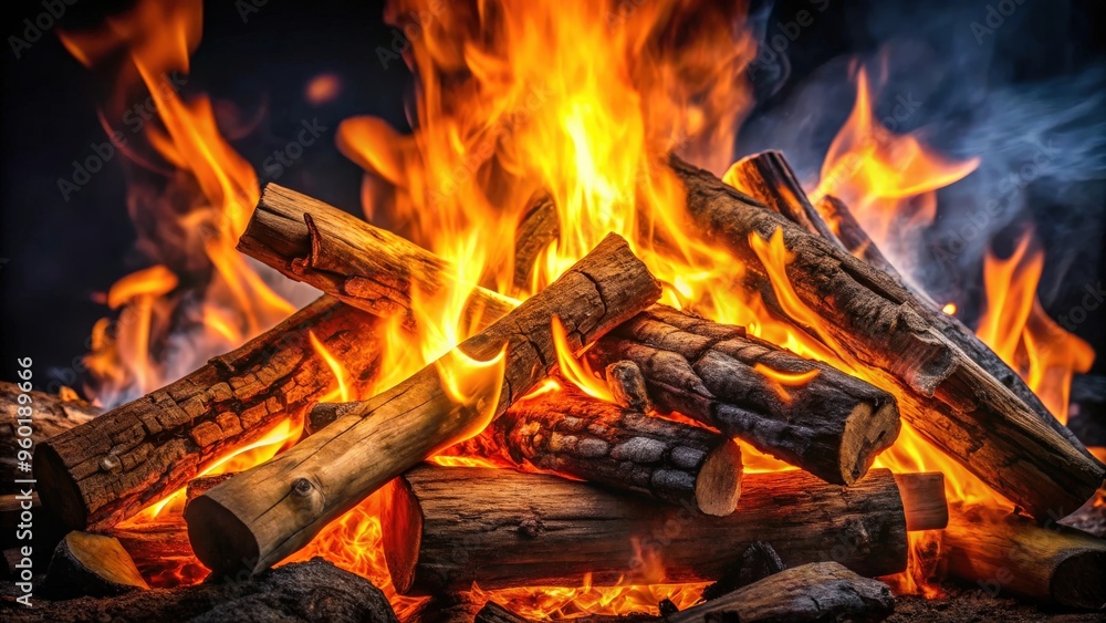Burning wooden logs in a campfire against a dark background Burning wooden logs in a campfire against a dark background