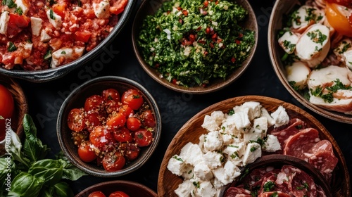 A tantalizing platter of assorted appetizers including fresh tomatoes, herbs, cheese, and cured meats, represents a display of culinary diversity and exquisite taste in fine dining.