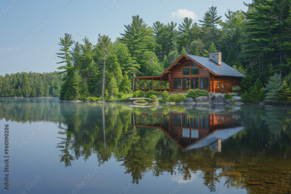 Fototapeta premium Lakeside cabins nestled among towering pines. The image is reflected in the calm waters.