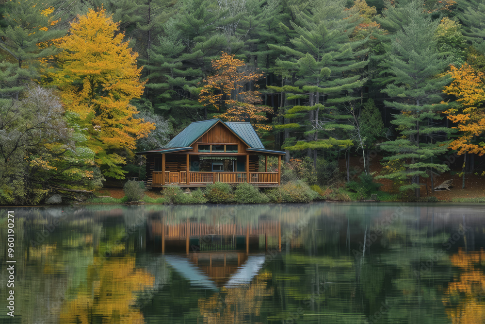 Obraz premium Lakeside cabins nestled among towering pines. The image is reflected in the calm waters.
