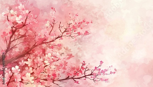 Watercolor cherry blossom tree with soft pink blooms