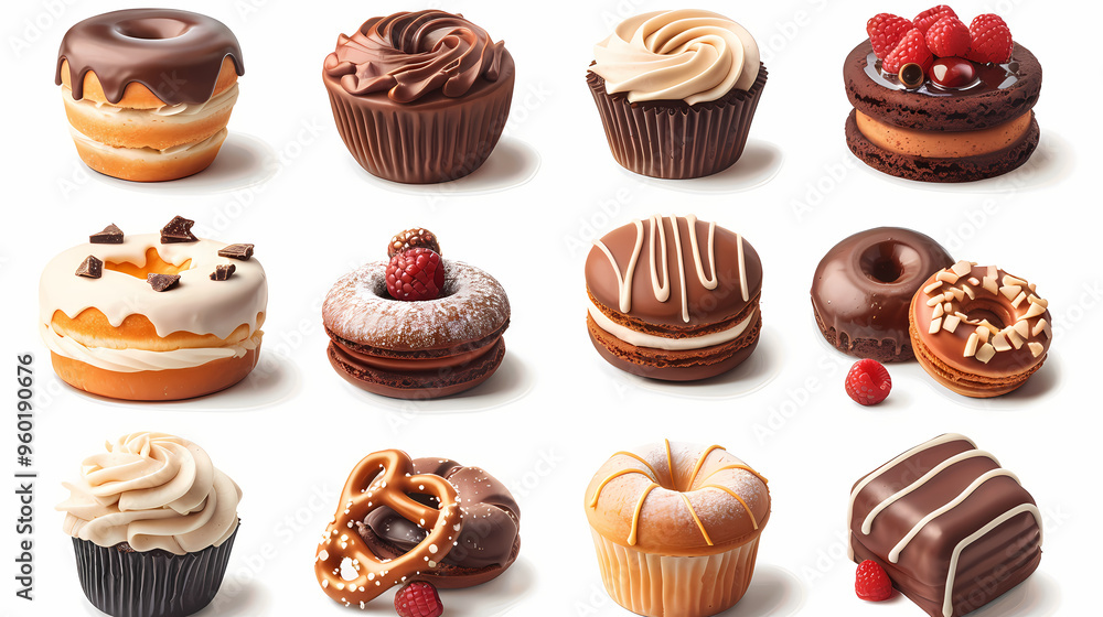 Various of sweets and desserts set and collection. chocolate cake, cupcakes, red velvet cake, apple pie, macarons, pretzel, donut, pastries, muffin, cookies, croissant. Bakery sweets isolated on white Various of sweets and desserts set and collection. chocolate cake, cupcakes, red velvet cake, apple pie, macarons, pretzel, donut, pastries, muffin, cookies, croissant. Bakery sweets isolated on white