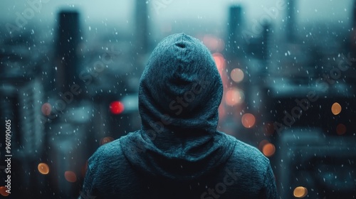 A hooded figure stands silhouetted against a softly lit cityscape, drenched in rain, capturing the fleeting intersection of solitude and urban life in an evocative manner. photo