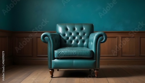 A vintage leather armchair in a room with a teal blue wall and wooden floor.