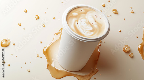 White paper coffee cup mockup with no logo, surrounded by liquid, beautiful background, product presentation banner