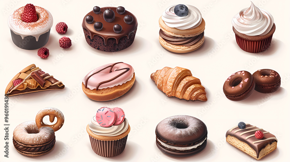 Various of sweets and desserts set and collection. chocolate cake, cupcakes, red velvet cake, apple pie, macarons, pretzel, donut, pastries, muffin, cookies, croissant. Bakery sweets isolated on white Various of sweets and desserts set and collection. chocolate cake, cupcakes, red velvet cake, apple pie, macarons, pretzel, donut, pastries, muffin, cookies, croissant. Bakery sweets isolated on white