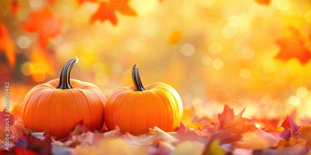 Pumpkins and Leaves in Autumn Bokeh Background Pumpkins and Leaves in Autumn Bokeh Background