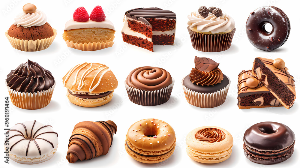 Various of sweets and desserts set and collection. chocolate cake, cupcakes, red velvet cake, apple pie, macarons, pretzel, donut, pastries, muffin, cookies, croissant. Bakery sweets isolated on white Various of sweets and desserts set and collection. chocolate cake, cupcakes, red velvet cake, apple pie, macarons, pretzel, donut, pastries, muffin, cookies, croissant. Bakery sweets isolated on white