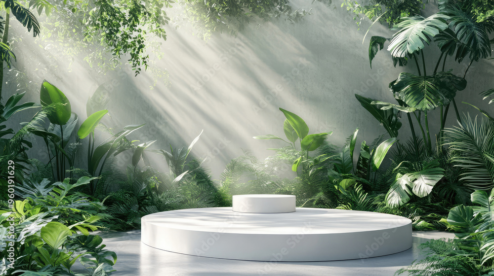 A minimalist white 3D podium set against a lush green forest, blending modern design with natural elements. A minimalist white 3D podium set against a lush green forest, blending modern design with natural elements.