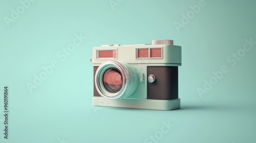 A vintage-style camera in a mint green color against a matching background.