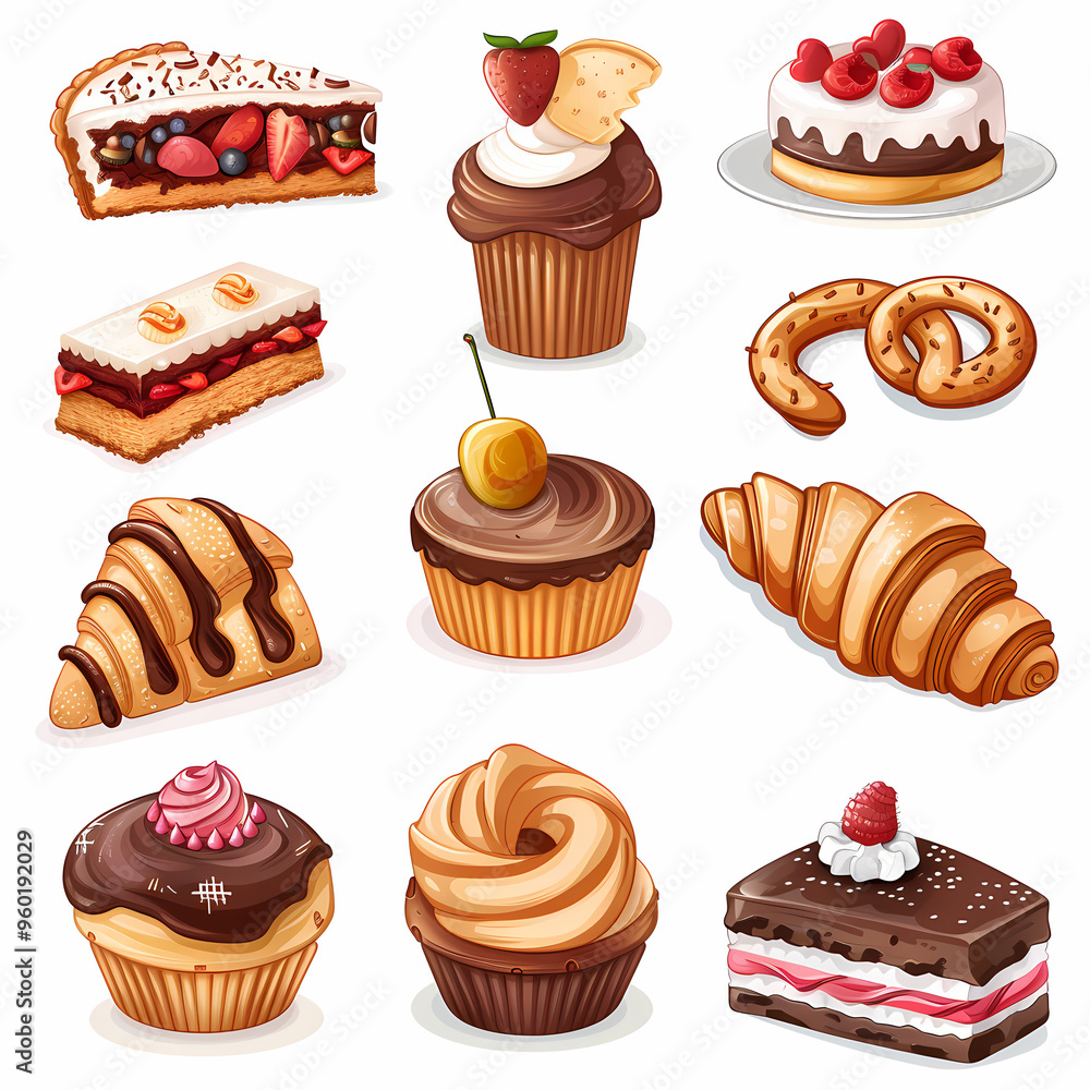 Various of sweets and desserts set and collection. chocolate cake, cupcakes, red velvet cake, apple pie, macarons, pretzel, donut, pastries, muffin, cookies, croissant. Bakery sweets isolated on white Various of sweets and desserts set and collection. chocolate cake, cupcakes, red velvet cake, apple pie, macarons, pretzel, donut, pastries, muffin, cookies, croissant. Bakery sweets isolated on white
