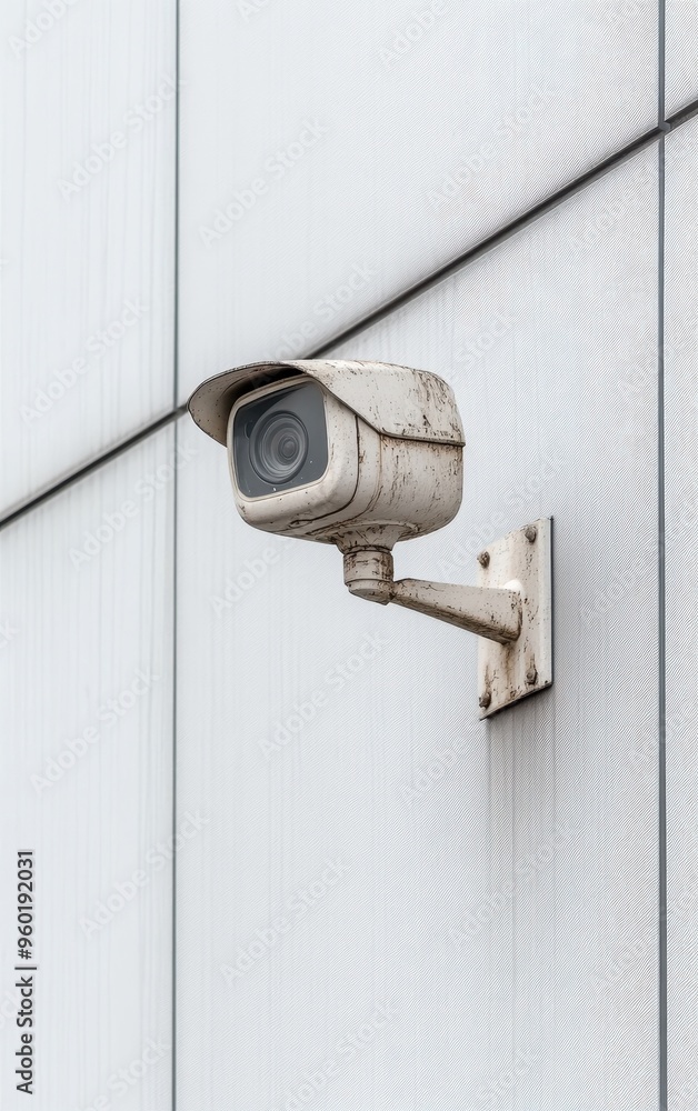 Detailed view of a weathered security camera mounted on a sleek building, emphasizing surveillance and modern architecture. Detailed view of a weathered security camera mounted on a sleek building, emphasizing surveillance and modern architecture.