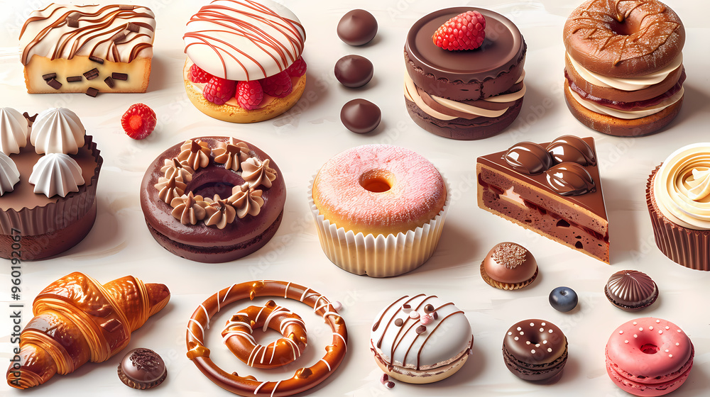 Various of sweets and desserts set and collection. chocolate cake, cupcakes, red velvet cake, apple pie, macarons, pretzel, donut, pastries, muffin, cookies, croissant. Bakery sweets isolated on white Various of sweets and desserts set and collection. chocolate cake, cupcakes, red velvet cake, apple pie, macarons, pretzel, donut, pastries, muffin, cookies, croissant. Bakery sweets isolated on white