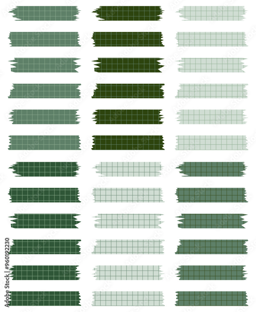 Set of paper sheets isolated on white. Pieces of decorative tape for scrapbooks. Washi tapes collection in vector. Ripped paper. Torn pieces of paper from a notebook in a cell. Green ribbons