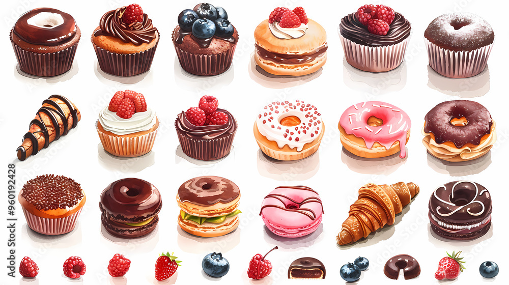 Various of sweets and desserts set and collection. chocolate cake, cupcakes, red velvet cake, apple pie, macarons, pretzel, donut, pastries, muffin, cookies, croissant. Bakery sweets isolated on white Various of sweets and desserts set and collection. chocolate cake, cupcakes, red velvet cake, apple pie, macarons, pretzel, donut, pastries, muffin, cookies, croissant. Bakery sweets isolated on white