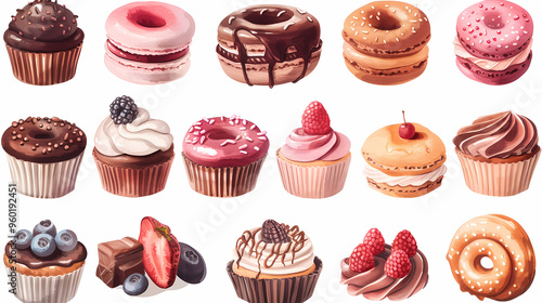 Various of sweets and desserts set and collection. chocolate cake, cupcakes, red velvet cake, apple pie, macarons, pretzel, donut, pastries, muffin, cookies, croissant. Bakery sweets isolated on white