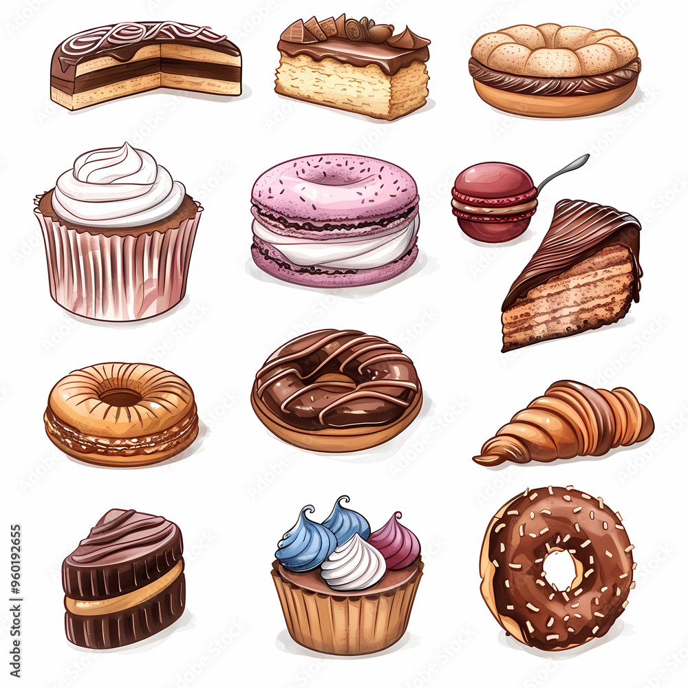 Various of sweets and desserts set and collection. chocolate cake, cupcakes, red velvet cake, apple pie, macarons, pretzel, donut, pastries, muffin, cookies, croissant. Bakery sweets isolated on white Various of sweets and desserts set and collection. chocolate cake, cupcakes, red velvet cake, apple pie, macarons, pretzel, donut, pastries, muffin, cookies, croissant. Bakery sweets isolated on white