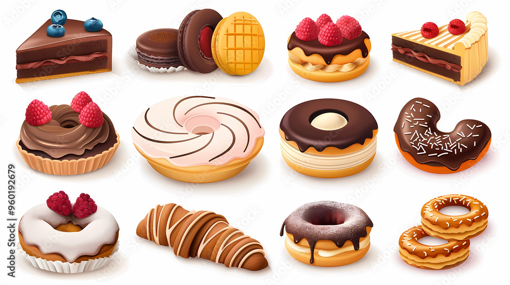 Various of sweets and desserts set and collection. chocolate cake, cupcakes, red velvet cake, apple pie, macarons, pretzel, donut, pastries, muffin, cookies, croissant. Bakery sweets isolated on white Various of sweets and desserts set and collection. chocolate cake, cupcakes, red velvet cake, apple pie, macarons, pretzel, donut, pastries, muffin, cookies, croissant. Bakery sweets isolated on white