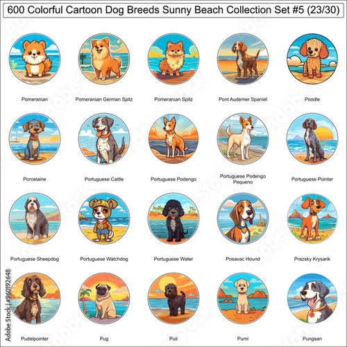 Colorful Dog Breeds Cartoon Characters Sunny Beach Bundle Collection Set 5 of 600 Dog Faces Isolated Part 23 photo