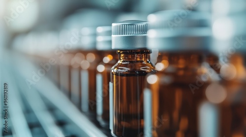 A close-up shot displays a neatly aligned row of amber-colored glass bottles with silver caps on a conveyor belt, presumably in a pharmaceutical or chemical factory setting. photo