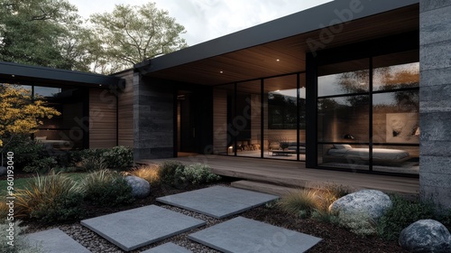 A sleek modern home with a dark exterior finish surrounded by lush greenery and a landscaped yard, featuring expansive glass windows offering a view into the serene interiors.