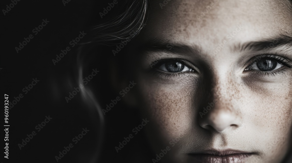 Close-up photograph of a child featuring prominent freckles and an intense, focused gaze capturing the essence of youth and introspection. Close-up photograph of a child featuring prominent freckles and an intense, focused gaze capturing the essence of youth and introspection.