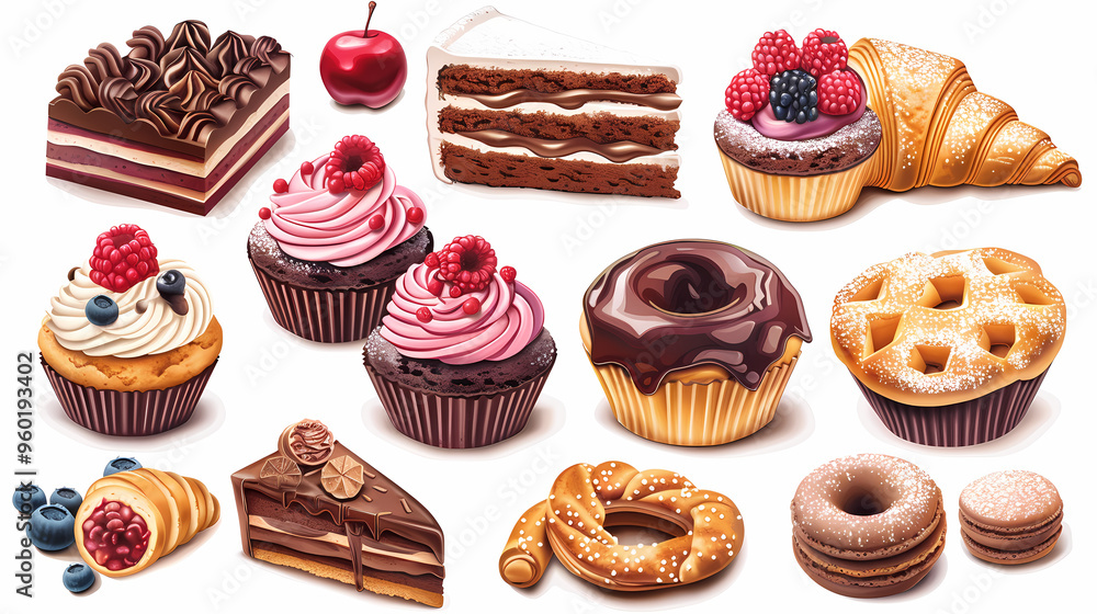 Various of sweets and desserts set and collection. chocolate cake, cupcakes, red velvet cake, apple pie, macarons, pretzel, donut, pastries, muffin, cookies, croissant. Bakery sweets isolated on white Various of sweets and desserts set and collection. chocolate cake, cupcakes, red velvet cake, apple pie, macarons, pretzel, donut, pastries, muffin, cookies, croissant. Bakery sweets isolated on white