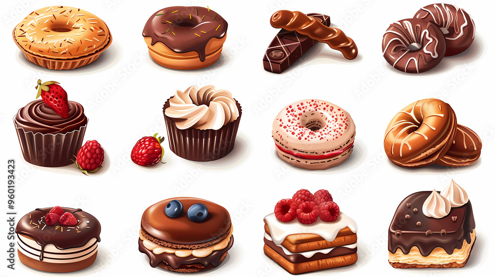Various of sweets and desserts set and collection. chocolate cake, cupcakes, red velvet cake, apple pie, macarons, pretzel, donut, pastries, muffin, cookies, croissant. Bakery sweets isolated on white Various of sweets and desserts set and collection. chocolate cake, cupcakes, red velvet cake, apple pie, macarons, pretzel, donut, pastries, muffin, cookies, croissant. Bakery sweets isolated on white
