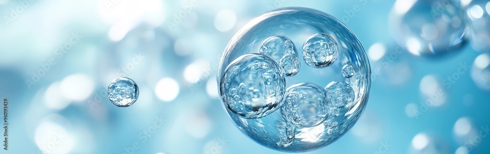 Floating Bubble with Molecules on Soft Blue Background Floating Bubble with Molecules on Soft Blue Background