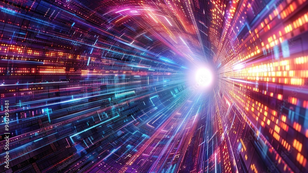 A vibrant burst of light and color, depicting a digital tunnel effect with glowing lines and particles in motion.