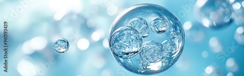 Floating Bubble with Molecules on Soft Blue Background