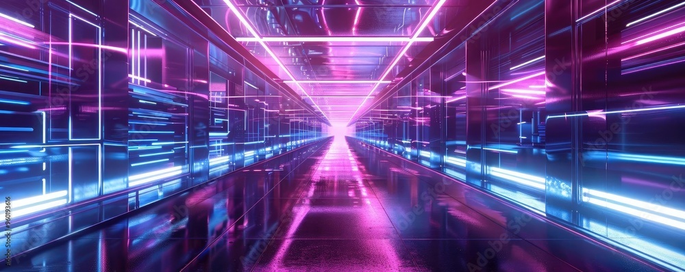 Futuristic tunnel with vibrant neon lights showcasing a stunning blend of blues and pinks for a sci-fi atmosphere. Futuristic tunnel with vibrant neon lights showcasing a stunning blend of blues and pinks for a sci-fi atmosphere.