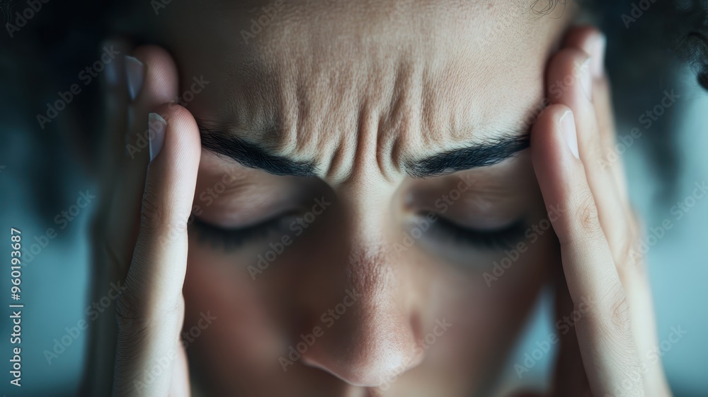 Fototapeta premium A person is covering their face with their hands, seemingly feeling stressed or anxious. The background is blurred, directing focus on the emotional state of the individual.
