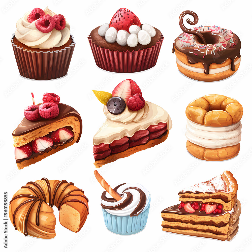 Various of sweets and desserts set and collection. chocolate cake, cupcakes, red velvet cake, apple pie, macarons, pretzel, donut, pastries, muffin, cookies, croissant. Bakery sweets isolated on white Various of sweets and desserts set and collection. chocolate cake, cupcakes, red velvet cake, apple pie, macarons, pretzel, donut, pastries, muffin, cookies, croissant. Bakery sweets isolated on white