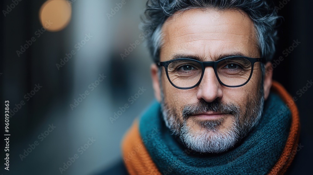 A mature man with glasses and a colorful scarf stands confidently, displaying a calm demeanor against a softly blurred background with natural light effects. A mature man with glasses and a colorful scarf stands confidently, displaying a calm demeanor against a softly blurred background with natural light effects.