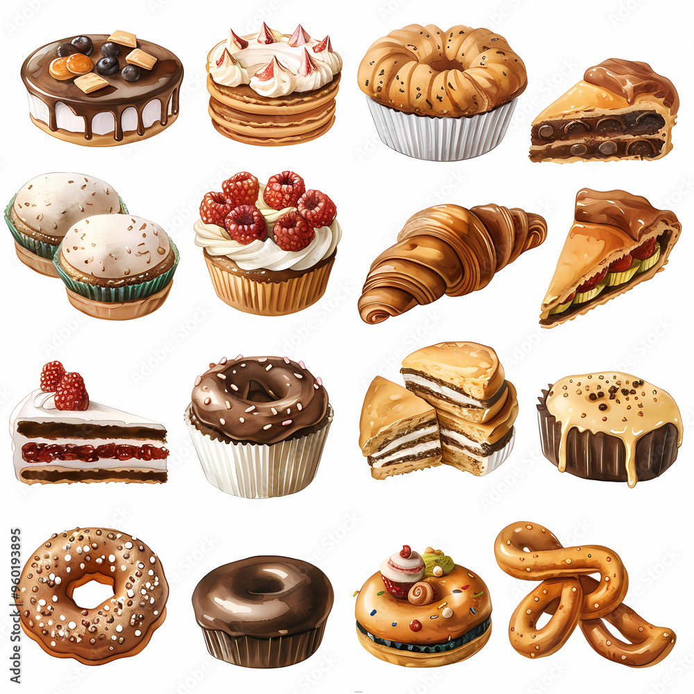 Various of sweets and desserts set and collection. chocolate cake, cupcakes, red velvet cake, apple pie, macarons, pretzel, donut, pastries, muffin, cookies, croissant. Bakery sweets isolated on white Various of sweets and desserts set and collection. chocolate cake, cupcakes, red velvet cake, apple pie, macarons, pretzel, donut, pastries, muffin, cookies, croissant. Bakery sweets isolated on white