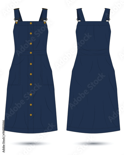 Women casual blue overall denim dress template front and back view